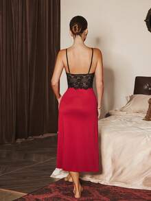 Slumberist Women Sexy Lace Patchwork Slit Nightgown - Burgundy - View 2