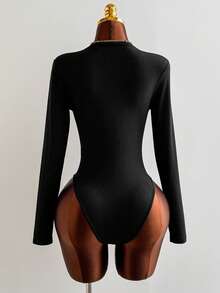 EgrlEra Black High Stretch Knit Fabric Rhinestone Decor Deep V Bodysuit For Women, Autumn/Winter , Minimalist Versatile, Sexy Retro Chic, Suitable For Party, Date, Casual Daily Wear - Black - View 2