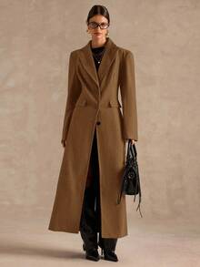 SHEIN BAE Áo khoác dài cao cấp, thắt eo màu trơn, thời trang thu/đông - Lạc đà - Xem 1