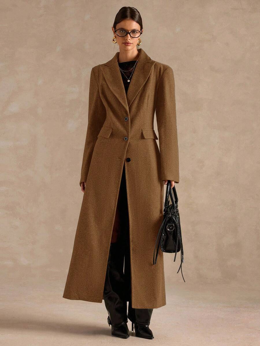SHEIN BAE Áo khoác dài cao cấp, thắt eo màu trơn, thời trang thu/đông - Lạc đà - Xem 1