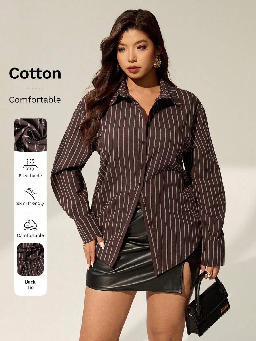 Auralis 大码女式优雅通勤/办公室复古学院风开衫腰棕色长袖条纹衬衫 - 彩色 - 查看 1