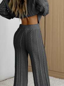 SHEIN EZwear 女士休闲纯色针织毛衣裤套装，秋冬款 - 深灰色 - 查看 5