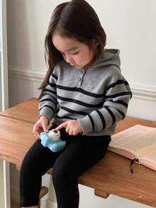 DAZY 女婴休闲条纹落肩卫衣，秋冬春季幼儿女童服装 - 黑與白 - 查看 3