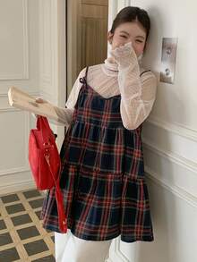 Dazy Plus 格子图案休闲圣诞新年宽松A字吊带背心，百搭