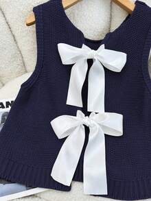 SHEIN Unity Crew Neck Sleeveless Elegant Sweater Vest With Bow Decor - Navy Blue - View 4