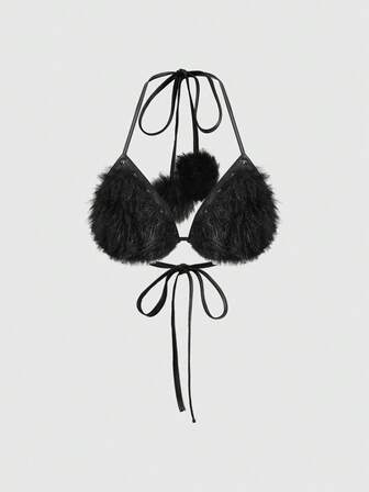 Grunge Punk بيكيني بنمط محصول علوي مزخرف بالفرو والنيتات بطراز بانك للنساء