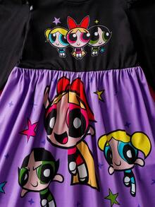 THE POWERPUFF GIRLS X SHEIN 小女孩可爱花朵、泡泡、毛茛图案圆领长袖针织拼接连衣裙 - 紫色 - 查看 5