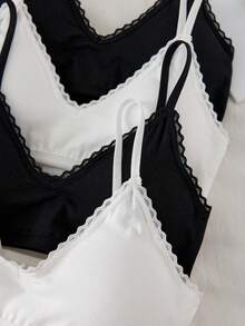 4件套少女基础撞色简约纯色吊带文胸，带可拆卸胸垫，棉质蕾丝V领文胸