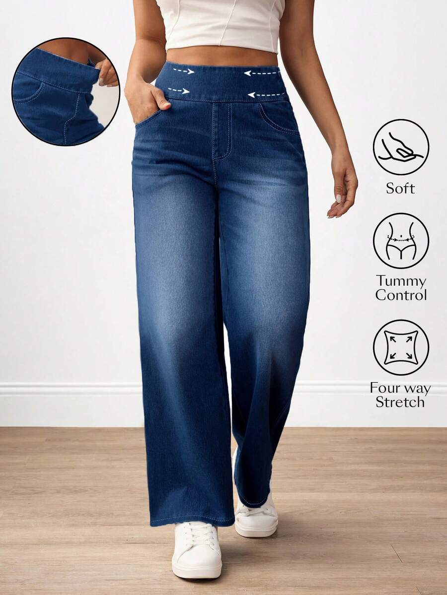 Flexra Celana Jeans Wanita Pinggang Tinggi dengan Kantong, Potongan Lebar, Longgar, Kasual, Serbaguna - Medium Wash - View 1