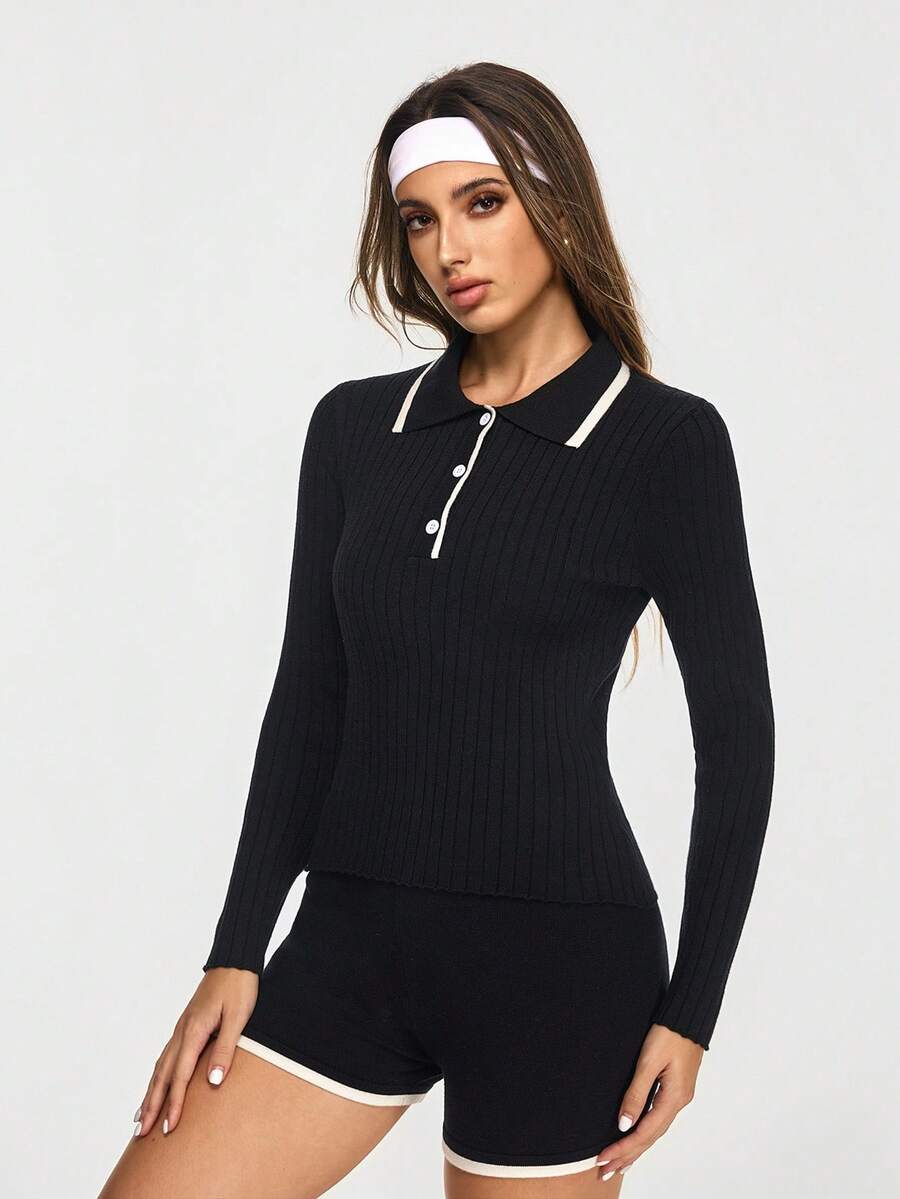 SHEIN Sports Regular Contrast Color Button Slim Fit Sports Long Sleeve Polo Shirt - Black - View 1