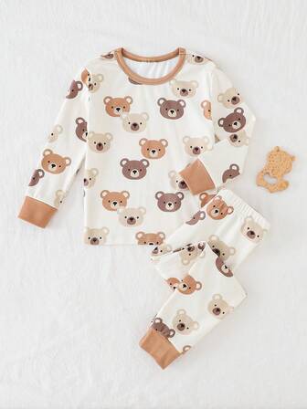 THE HAPPY LOOK Young Boy Cartoon Bear Pattern Knit Soft Crew Neck Long Sleeve Top And Elastic Waist Long Pants 2-Piece Snug Fit Pajama Set