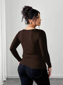 Elenzga Camiseta casual con lazo delantero y botones, talla grande - Marrón - Ver 2