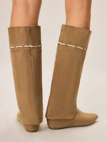 Styleloop Modische Retro-Kniehohe Stiefel mit verstecktem Keilabsatz für Damen - Aprikosenfarben - Übersicht 4