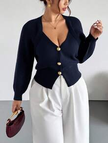 Firerie Plus Size Solid Color Front Button Long Sleeve Casual Knit Cardigan In Fall/Winter Navy Blue Old Money Office - Navy Blue - View 6