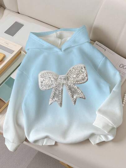 SHEIN Teen Girl Ombre Blue & White Full Print Sweatshirt, Autumn/Winter, Cute Bow & Faux Rhinestone Pattern, Versatile & Comfortable For Daily Wear Bow Clothes Bow Sweatshirt Bow Sweatshirt With Bows