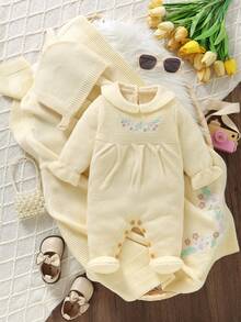 SHEIN 3pcs Newborn Baby Girl Outfit Set: Pink Embroidered Romper With Peter Pan Collar, Footie, Hat + Knit Blanket Baby Set Autumn Winter Season Vintage Winter Baby Clothes Baby Girl Clothes Spring Fall Baby Clothes Neutral Warm Baby Girl Clothes Baby Knitted Outfit Baby Set Autumn Winter Season Vintage Winter Baby Clothes Newborn Sweater Romper Neutral Baby Clothes Unisex Baby Set Autumn Winter Season Baby Girl Knitted Outfits Newborn Sweater Romper Winter Baby Girl Clothes Warm Baby Girl Clothes - Apricot - View 1