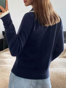 Livesso Women's Ruffled Collar Cardigan, Autumn/Winter - Navy Blue - View 2