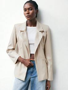 Maija 女士休闲时尚纯色双排扣翻领西装外套秋冬女装 - 杏色 - 查看 7