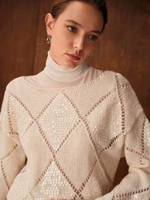 MOTF PREMIUM ELEGANT PARTY SEQUIN RHOMBUS HOLLOW BOAT NECK SWEATER, AUTUMN/WINTER