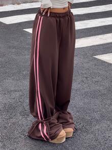 Muchica Women Fashion Brown Contrast Stripe Side Slit Drawstring Waist Loose Sweatpants For Going Out, Back To School, Streetwear - Brown - View 1