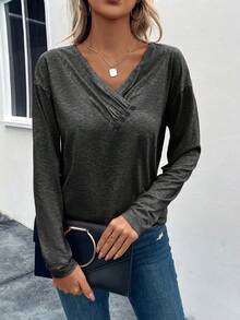 SHEIN LUNE Women's Basic V-Neck Long Sleeve T-Shirt, Casual Everyday Wear - Dark Grey - View 4