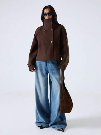 LYSMO 女士纯色插肩袖双排扣休闲外套，秋冬款