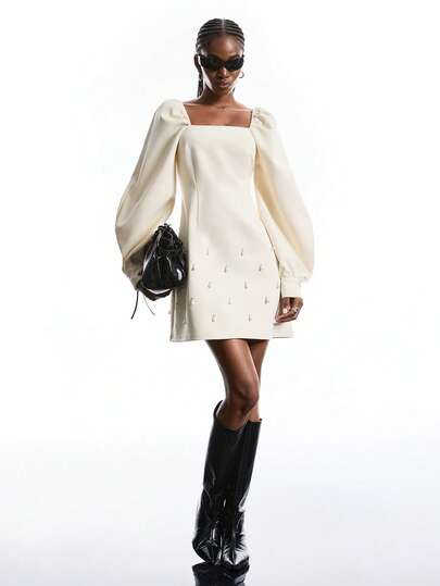 LYSMO 女士优雅通勤纯色灯笼袖吊坠装饰迷你连衣裙