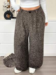 SHEIN EZwear Braune karierte Wollanzughose in Große Größen, Herbst/Winter - Braun - Übersicht 3