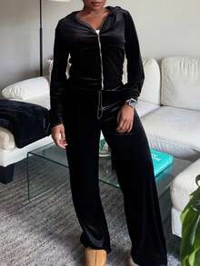 Tyla Gomez Black Velvet Rhinestone Decorated Hooded Zip-Up Top And Pocket Pants Women Casual Sport Suit - Black - View 5