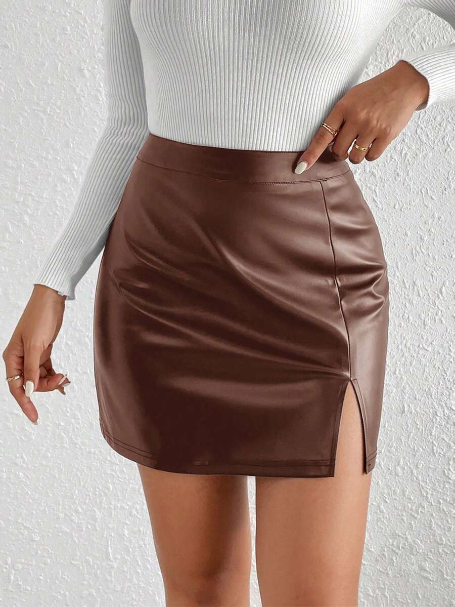 SHEIN Frenchy Women's Solid Color Split Hem PU Bodycon Mini Skirt Spring Casual Brown - Coffee Brown - View 1