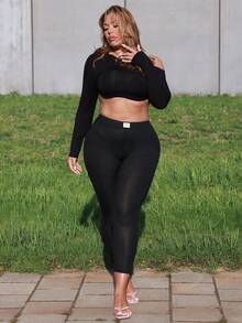 MelDlgn Plus Size Patch Ribbed Leggings Fall Cloth For Women - Black - View 6
