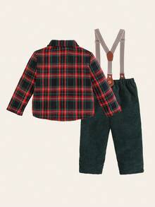 Cozy Pixies 2件套男婴绿色格子圣诞图案翻领长袖开衫衬衫和背带裤套装 - 綠色 - 查看 2