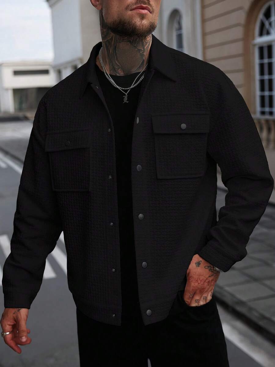 Manfinity CasualCool Men's Casual Solid Color Jacket, Versatile For Spring And Autumn Black Shacket Men Button Up Jacket Men Men Shacket - Black - View 1