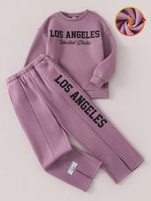 2pcs/Set Tween Girls' Casual Letter Print Loose Fit Crew Neck Long Sleeve Sweatshirt And Sweatpants Set