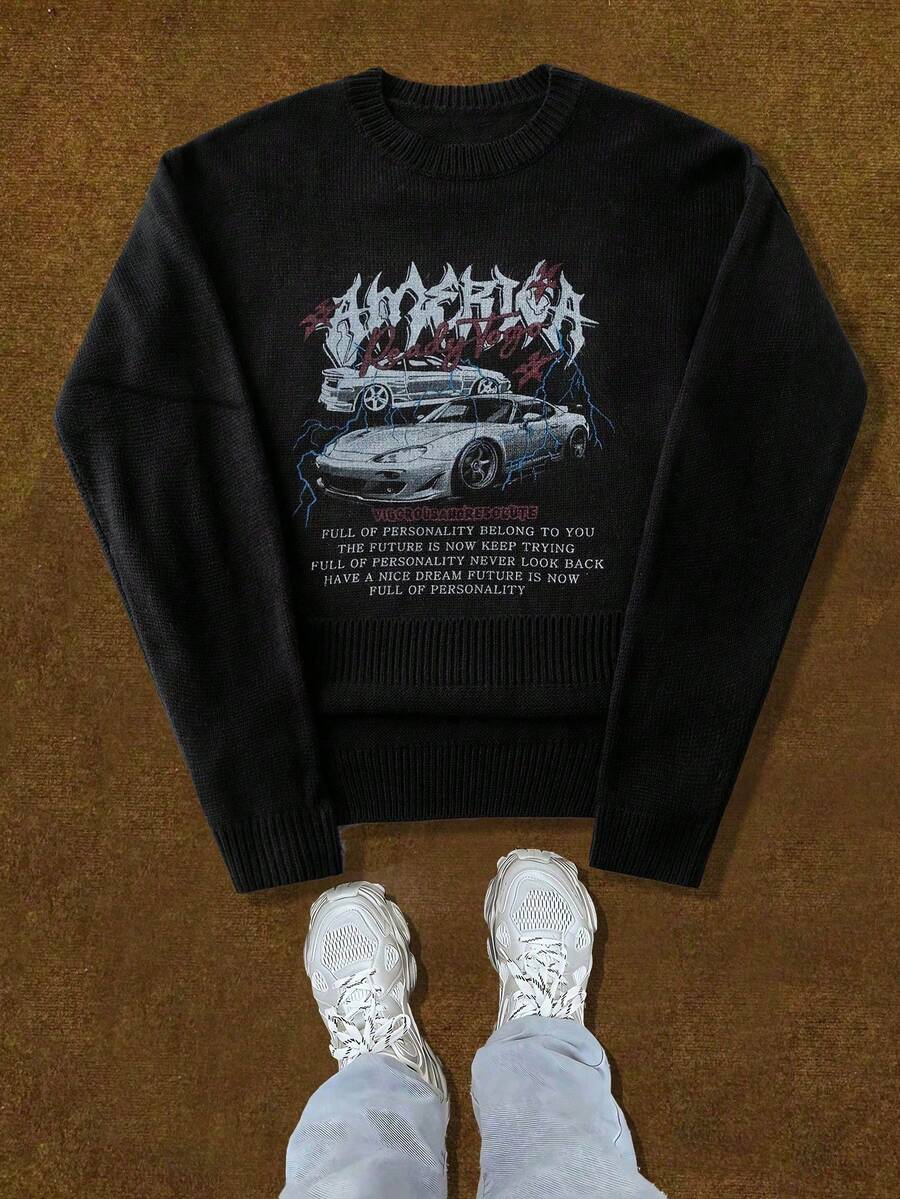 Manfinity EMRG Blogger Stylish Design English Print Men Pullover Sweater, Autumn/Winter Sweater Graphic Men Long Sleeve Knit Y2k Sweater Goth Sweater Grunge Sweater - Black - View 1