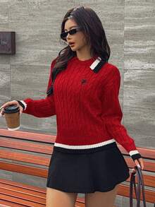 INAWLY Women's Embroidery Contrast Color Sweater, Autumn/Winter - Red - View 4