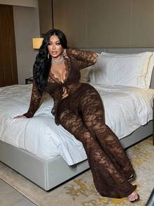 NU&NOW Plus Size Long Sleeve Lace Trim Elegant & Sexy 2 Pieces Set - Coffee Brown - View 5