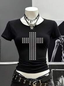 SHEIN 哥特朋克摇滚嘻哈女式短袖T恤，性感显瘦，时尚休闲基础款露脐上衣，Y2K 复古少女装 - 黑色 - 查看 5