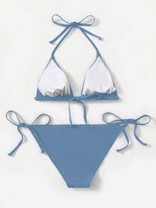 SHEIN Swim 2pcs Women's Solid Color Halter Tie Sexy Bikini Swimsuit Set, Summer Beach - Dusty Blue - View 2