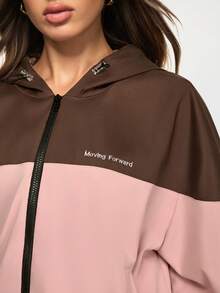 SHEIN Sports 女士字母印花撞色拉链连帽休闲运动夹克 - 粉色 - 查看 5