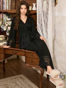 Côtesoire 成熟性感V领系带长袖蕾丝拼接上衣和直筒裤女士睡衣套装，蕾丝睡衣套装，黑色睡衣套装，V领休闲服黑色蕾丝睡衣套装，秋冬服装 - 黑色 - 查看 5