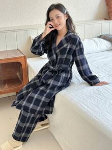 DAZY 2pcs/Set Tween Girls Plaid Minimalist Mid-Length Robe & Straight Loose Pajama Pants, Comfortable Home Wear For Fall - Navy Blue - View 2