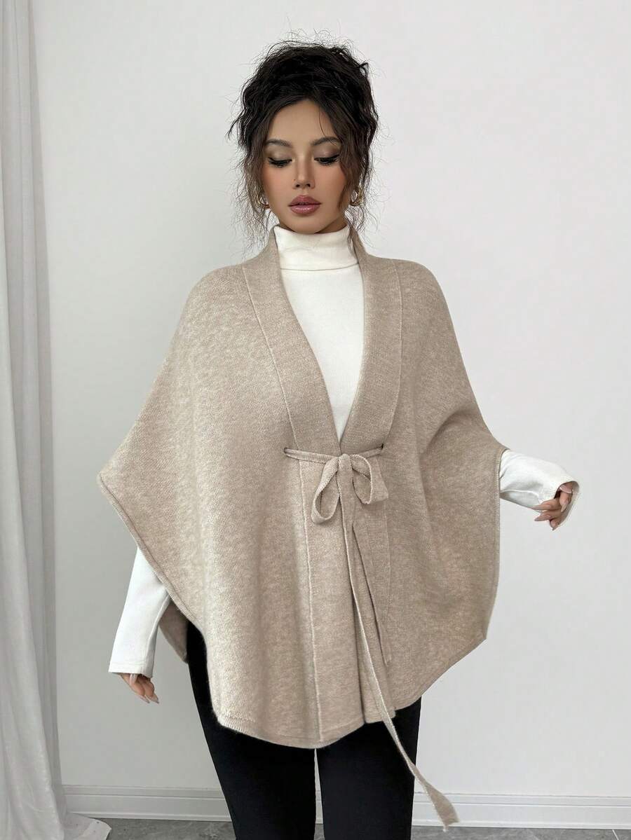 SHEIN PETITE Fashionable Casual Date High-End Poncho Shawl Versatile Unique Elegant Women Cardigan Sweater, Autumn/Winter - Khaki - View 1