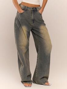 MUSERA 水洗灯笼裤牛仔裤，酷女孩街头风日常休闲秋冬款 - 芥末黃 - 查看 2