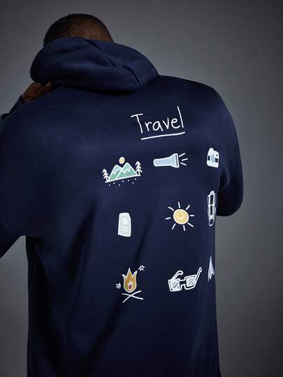 Driftmere 男士户外探险元素印花抽绳连帽卫衣，返校季，秋冬季，户外图案，趣味图案