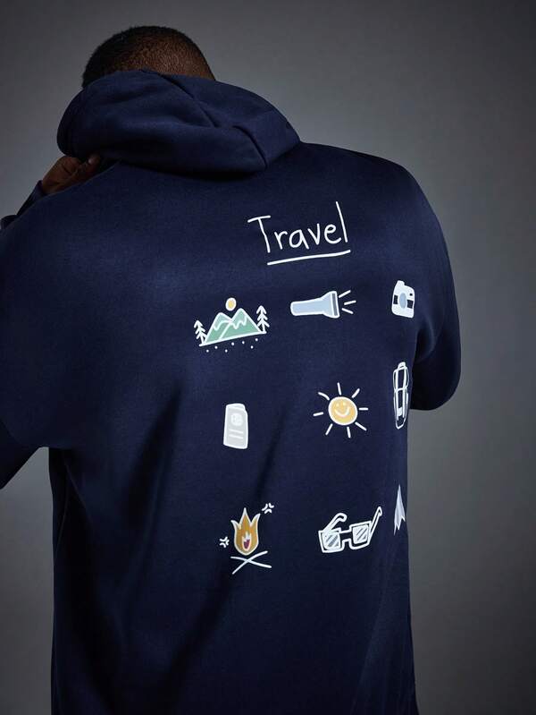 Driftmere 男士户外探险元素印花抽绳连帽卫衣，返校季，秋冬季，户外图案，趣味图案