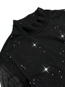 Rafferiza Damen Maxikleid mit hohem Kragen, Pailletten-Mesh, Schlitz, Trompetenärmel, taillierter Passform und Fischschwanz-Saum