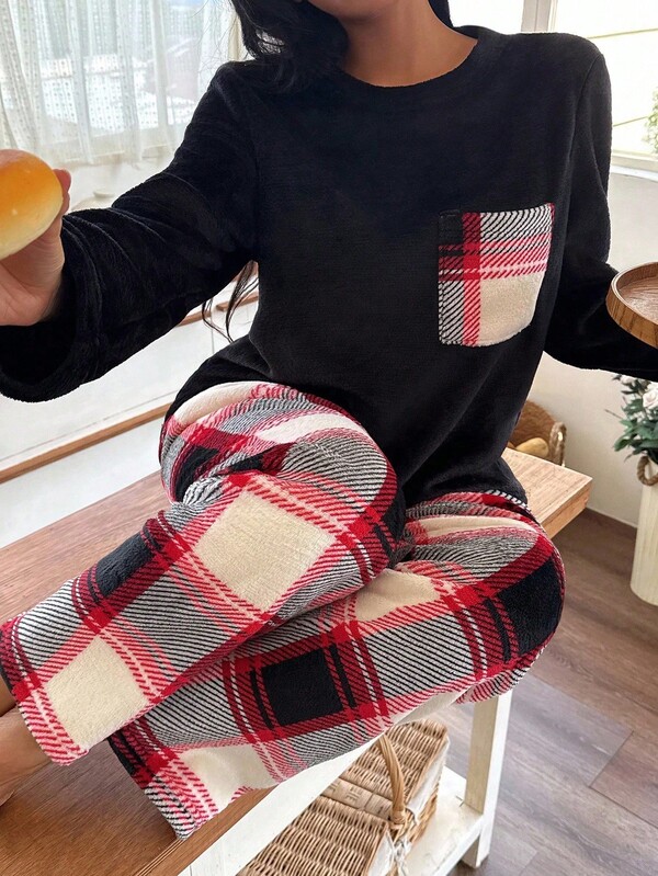 SHEIN 女士保暖法兰绒格子蓬松睡衣套装，秋冬服装，舒适