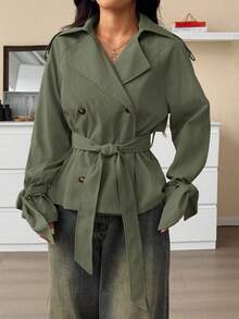 SHEIN EZwear 女式休闲纯色缺口领双排扣风衣，秋季 - 綠色 - 查看 4