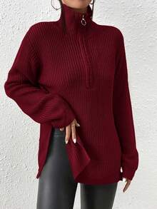 SHEIN Frenchy Áo len đen hạt kéo khóa nửa vai, áo dài tay cho mùa thu/đông - Đỏ - Xem 6
